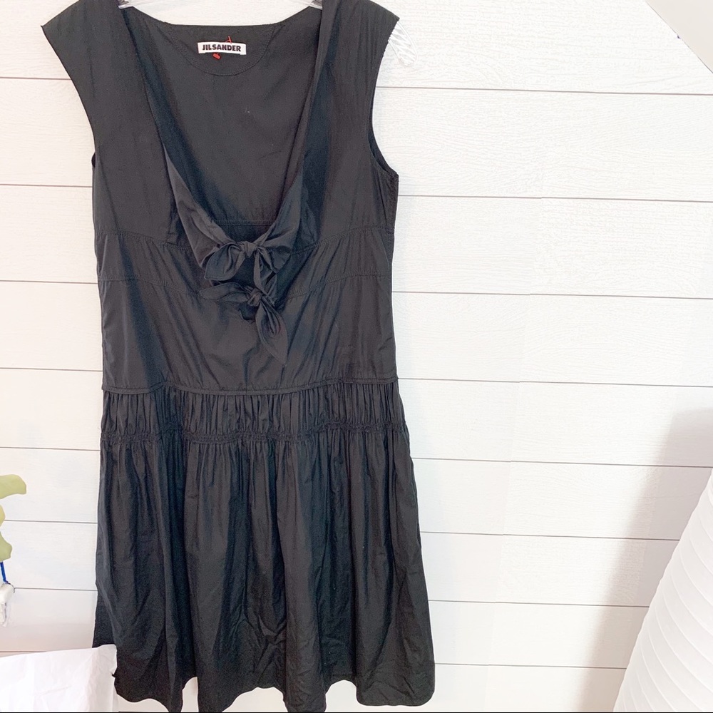 JIL SANDER BLK Cotton Pleated Drop Waist Dress